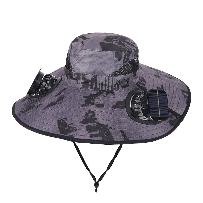 Camouflage Grey Dual Turbo Fan Sun Hat with Square Solar Panel & TypeC Interface - Waterproof 14cm Wide-Brim Cooling Hat for Outdoor Fishing Hiking Camping