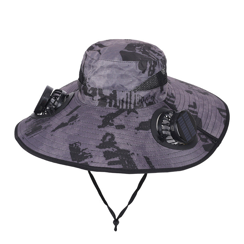 Camouflage Grey Dual Turbo Fan Sun Hat with Round Solar Panel & TypeC Interface - Waterproof 14cm Wide-Brim Cooling Hat for Outdoor Fishing Hiking Camping