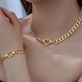 Style 1 Trendy Gold-Plated Heart Necklace & Bracelet Set - Tarnish Free Alloy Cuban Link Jewelry for Fashionable Women