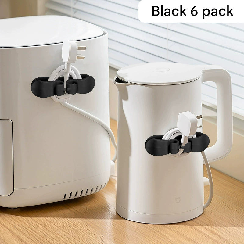 6-Piece Black Flexible Silicone Cord Organizer for Curved & Flat Appliance - Drill-Free Tangle-Free Cable Winder & Plug Holder