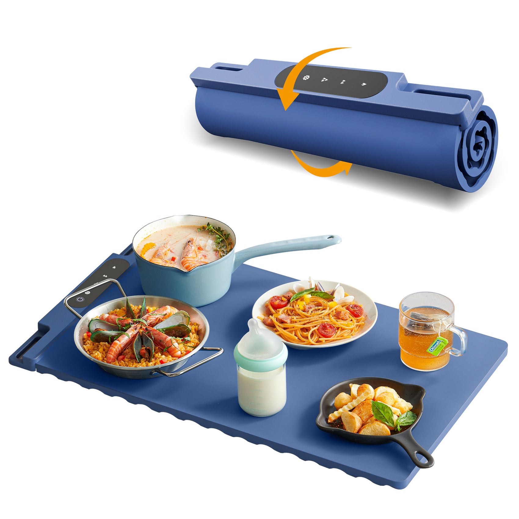 Blue 65x38CM Roll-Up Food Warming Silicone Mat with Precise Temprature Control & 240W High Power - Waterproof and Oilproof Thermal Table Pad