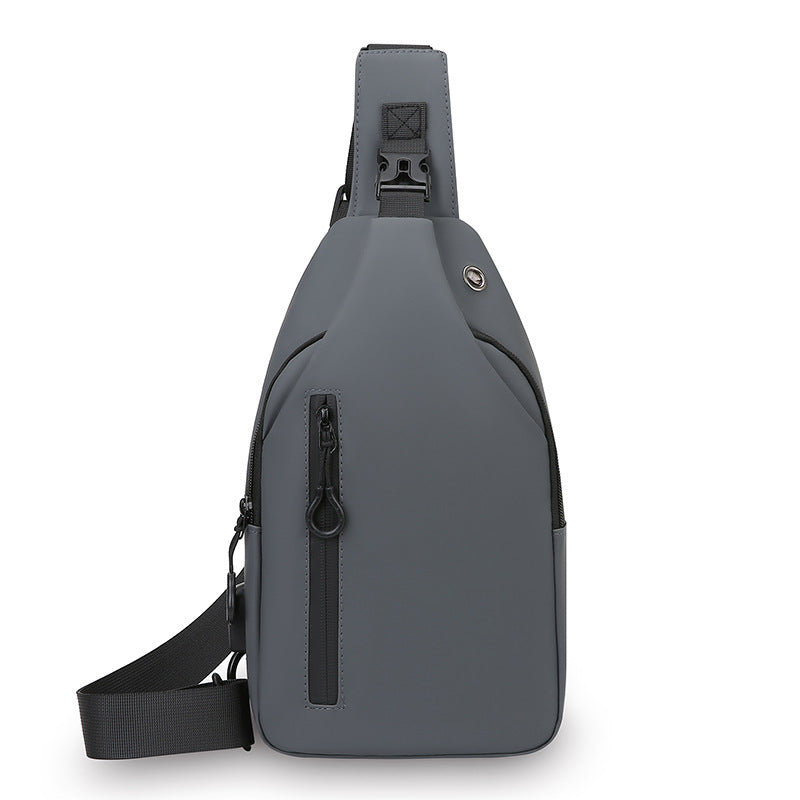 Grey Waterproof Unisex Chest Bag with USB Charging & Headphone Port  - 3-Layer Large Capacity PU Leather Crossbody Bag