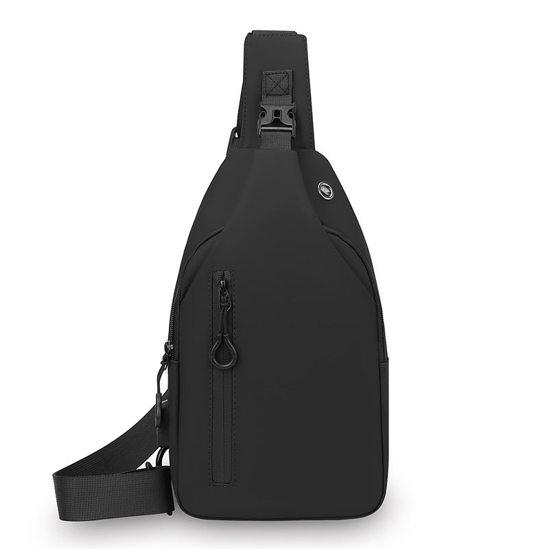 Black Waterproof Unisex Chest Bag with USB Charging & Headphone Port  - 3-Layer Large Capacity PU Leather Crossbody Bag