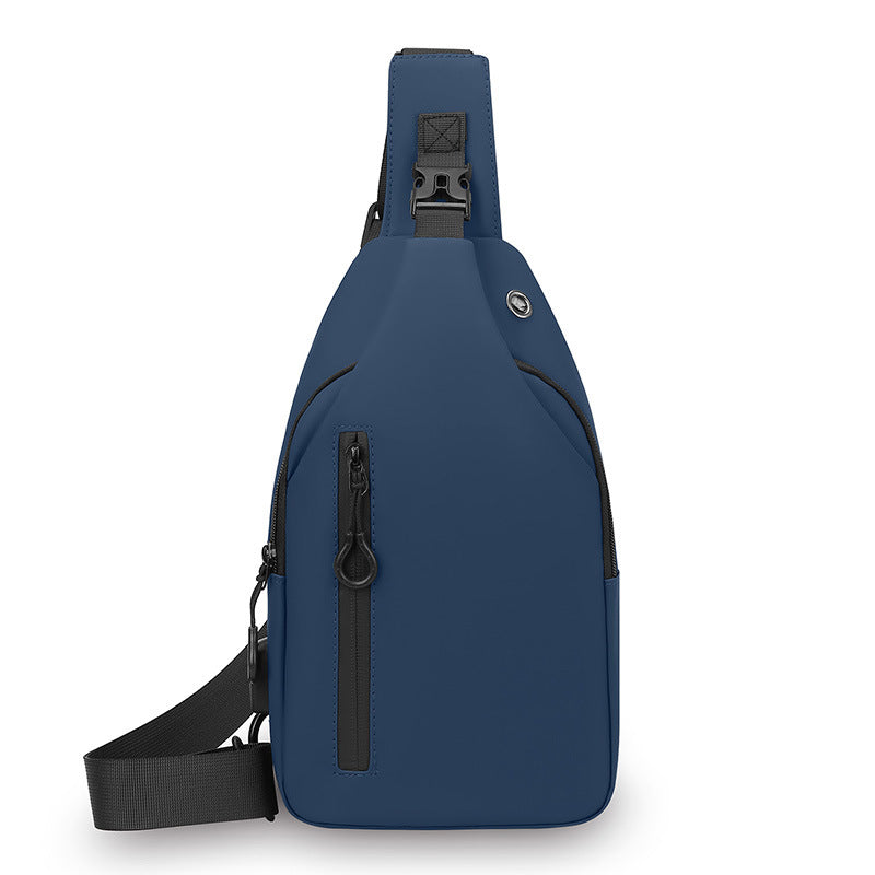 Blue Waterproof Unisex Chest Bag with USB Charging & Headphone Port  - 3-Layer Large Capacity PU Leather Crossbody Bag