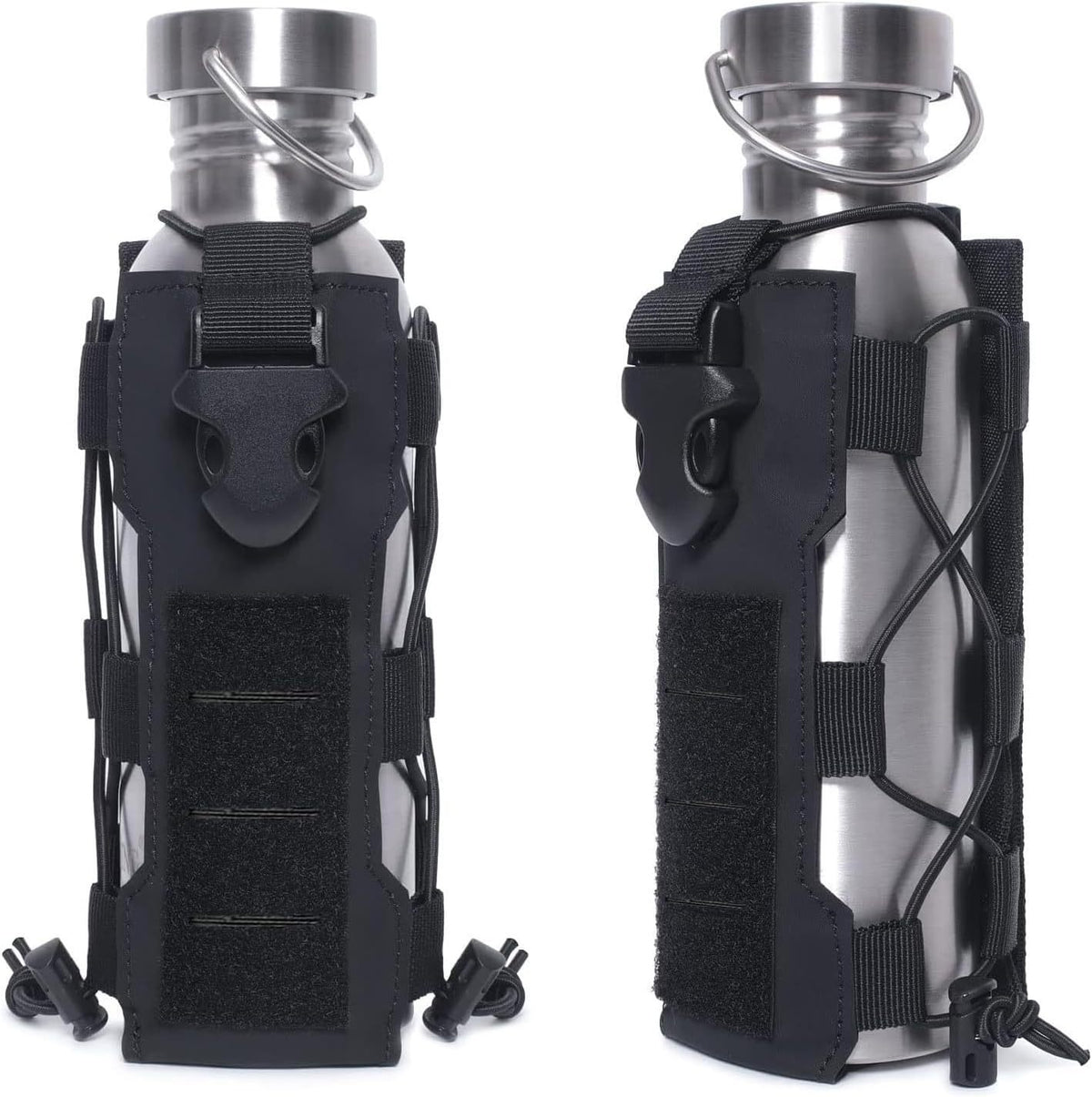 Black Adjustable Tactical Water Bottle Pouch - Multi-Functional MOLLE Compatible Accessory Bag for Hiking & Outdoor Survival