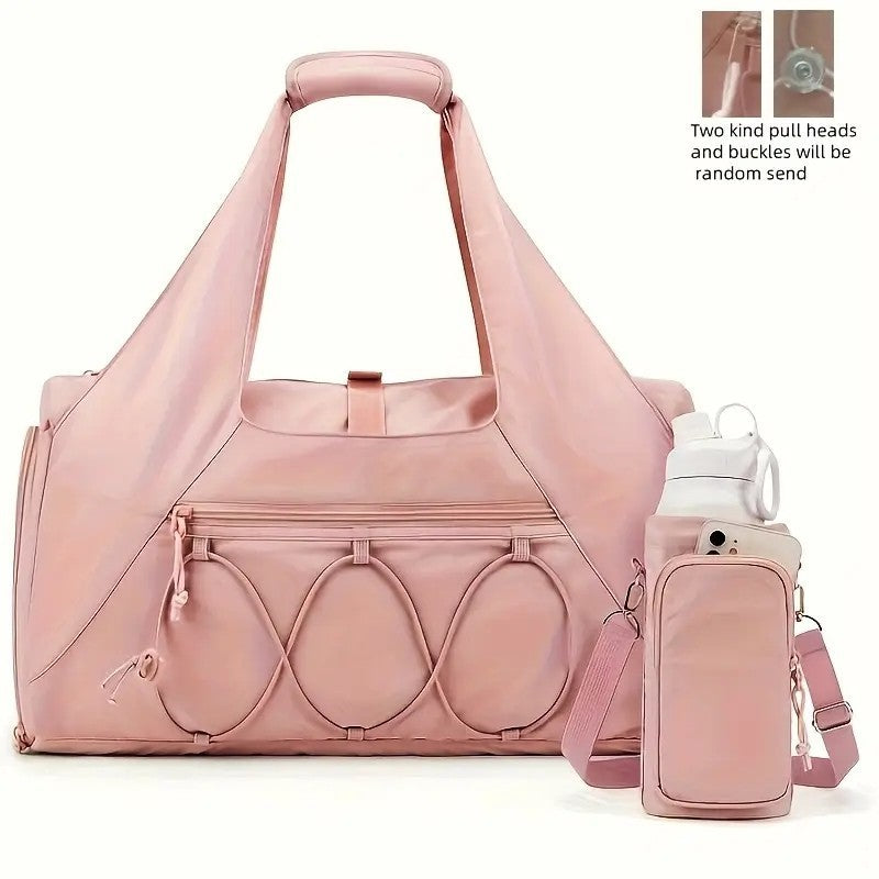 Pink High-Capacity Yoga Gym Duffel Set with Bonus Bottle Phone Pouch, Separate Shoe Compartment & Yoga Mat Strap