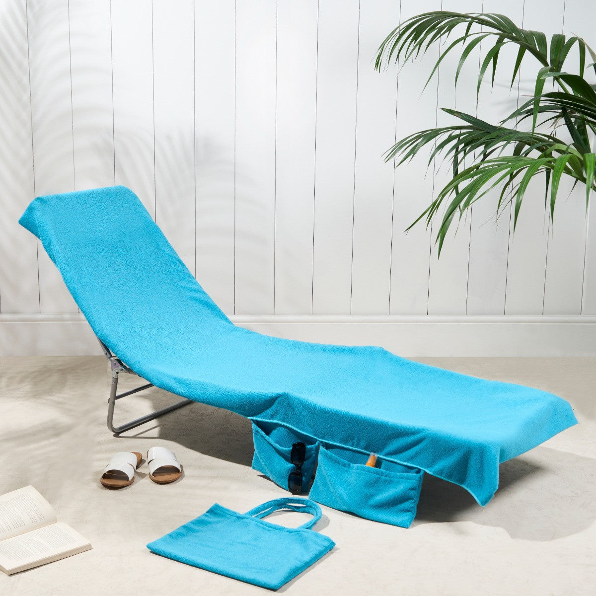 2-in-1 Blue Microfiber Sun Lounger Towel & Portable Tote Bag - Sand-Free & Quick Dry Beach Chair Cover with Side Pockets (75x211cm)