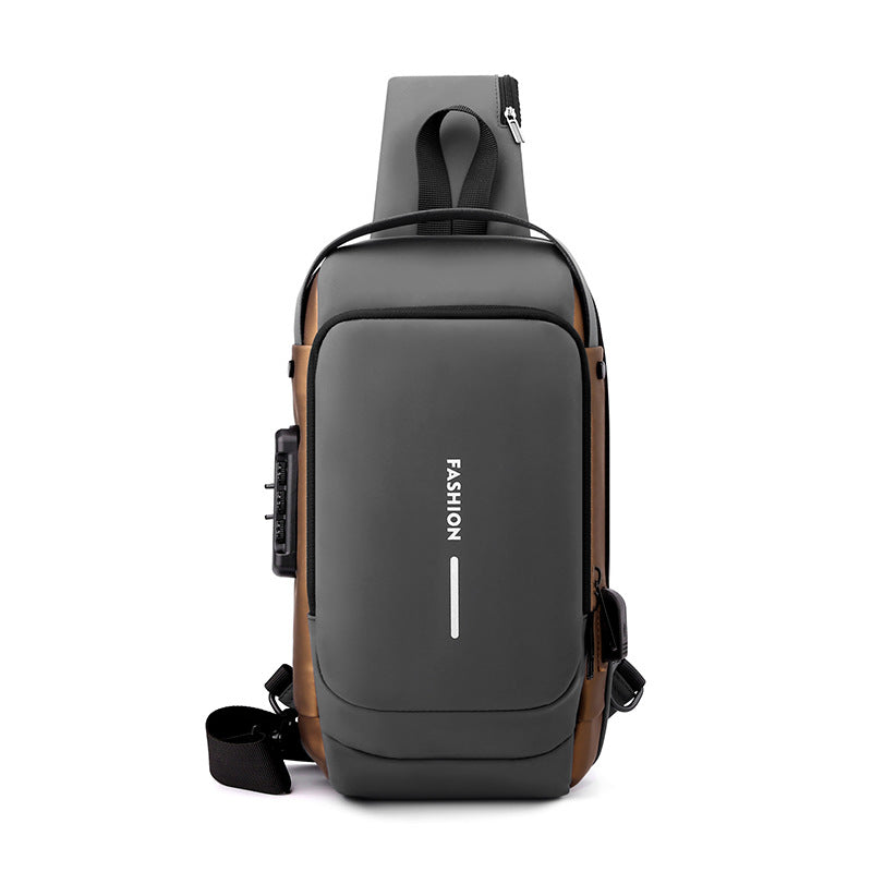 Grey Gold High Capacity Anti-Theft Tactical Chest Bag - Waterproof Leather-Film Sling with USB Charging & TSA Password Lock