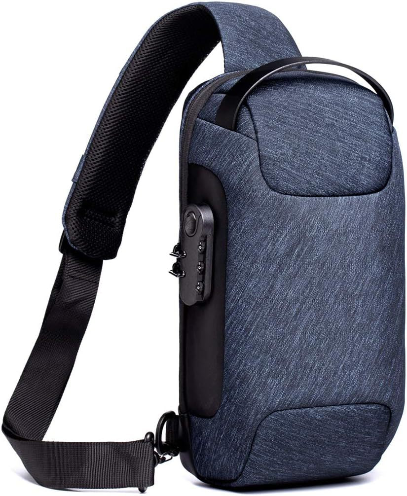 Blue Lightweight Anti-Theft Tactical Chest Bag - Waterproof Security Sling Bag with 3-Digit Password Lock & Smart USB Charging Port