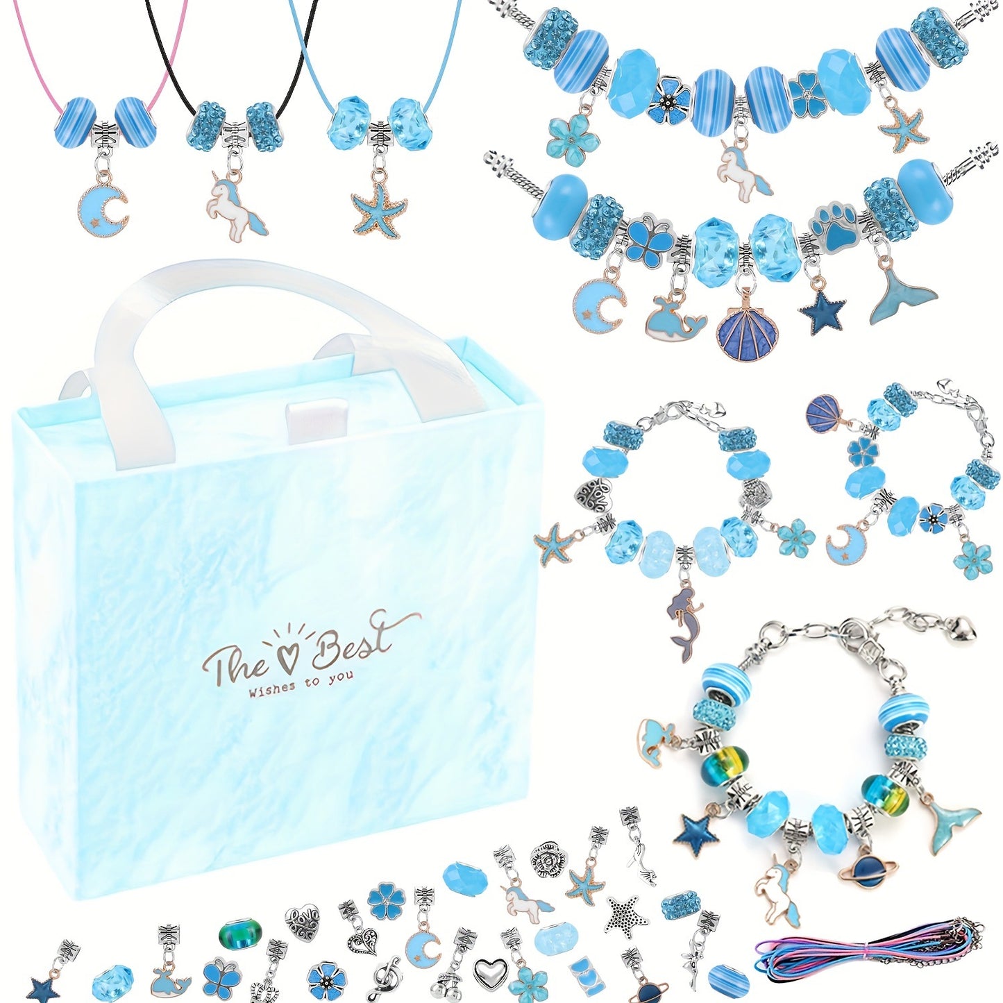 67PCS Blue DIY Charm Necklace & Bracelet Making Kit - Creative Jewelry Craft Set with Colorful Drip Oil Pendants & Metal Beads