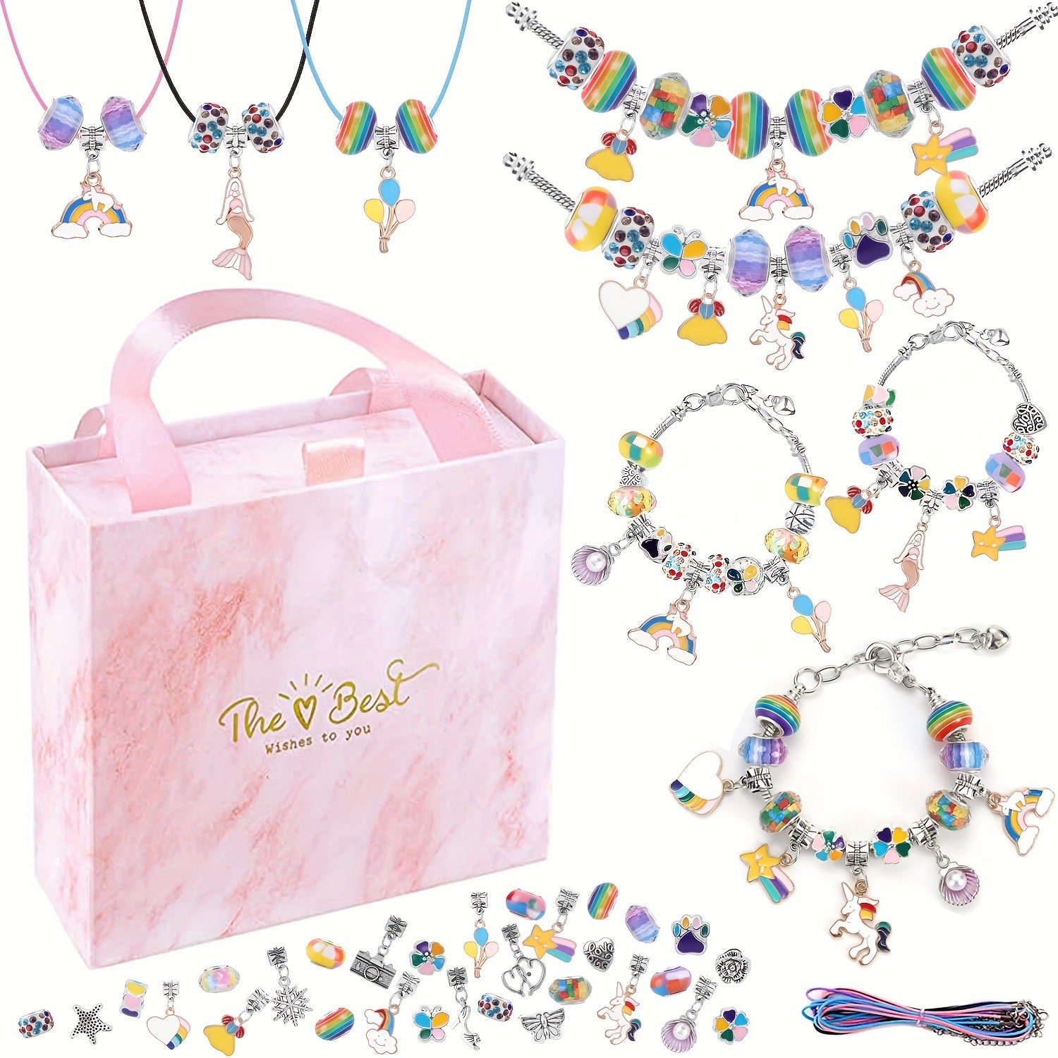 67PCS Colorful DIY Charm Necklace & Bracelet Making Kit - Creative Jewelry Craft Set with Colorful Drip Oil Pendants & Metal Beads