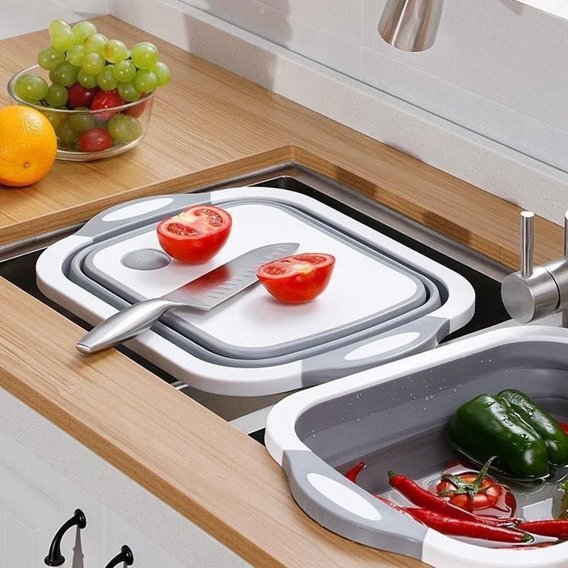3-in-1 Grey Collapsible Cutting Board & Drain Basin & Storage Tub - Portable Multifunctional Food Grade Storage Basket(37x27x12cm)