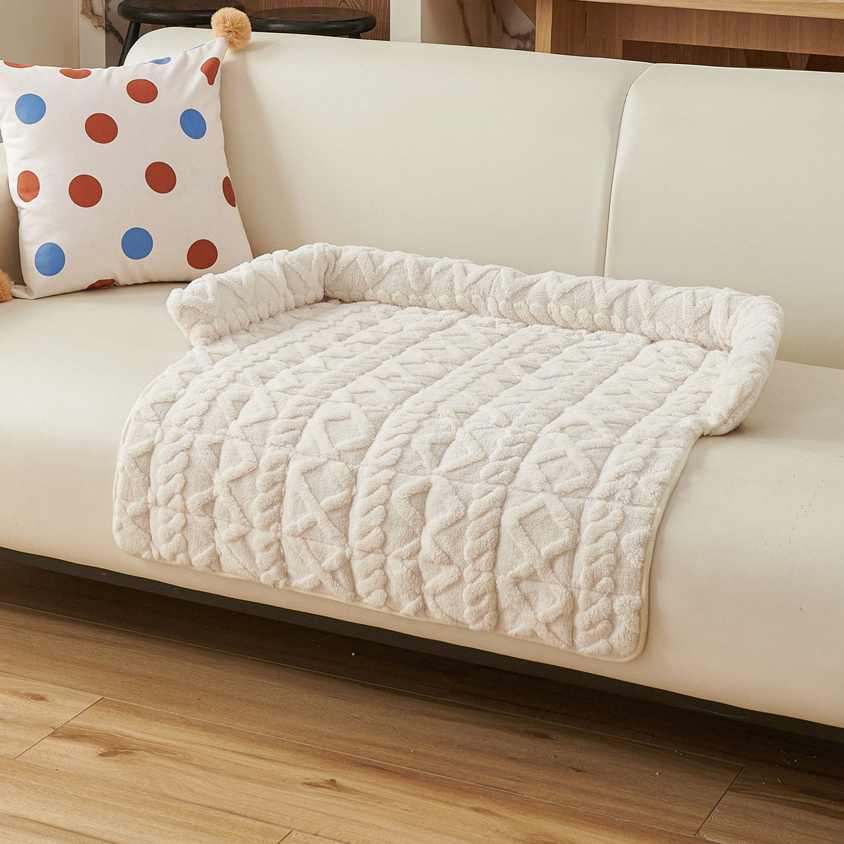 Beige Pet Sofa Protector & Calming Bolster Bed with Cable Knit - 75x75CM Thickened Non Slip Furniture Cover for Cats & Dogs
