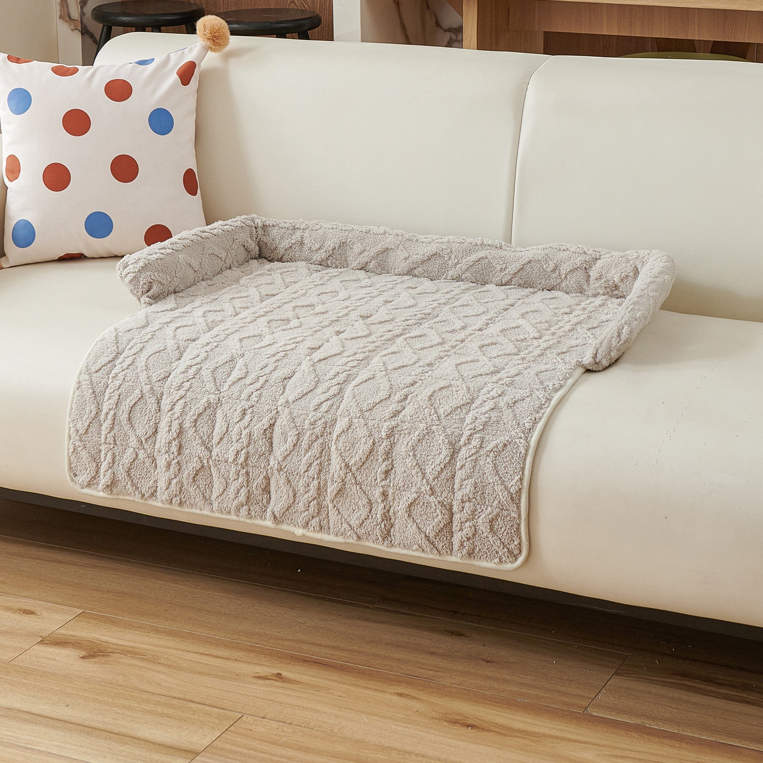 Light Grey Pet Sofa Protector & Calming Bolster Bed with Cable Knit - 75x75CM Thickened Non Slip Furniture Cover for Cats & Dogs