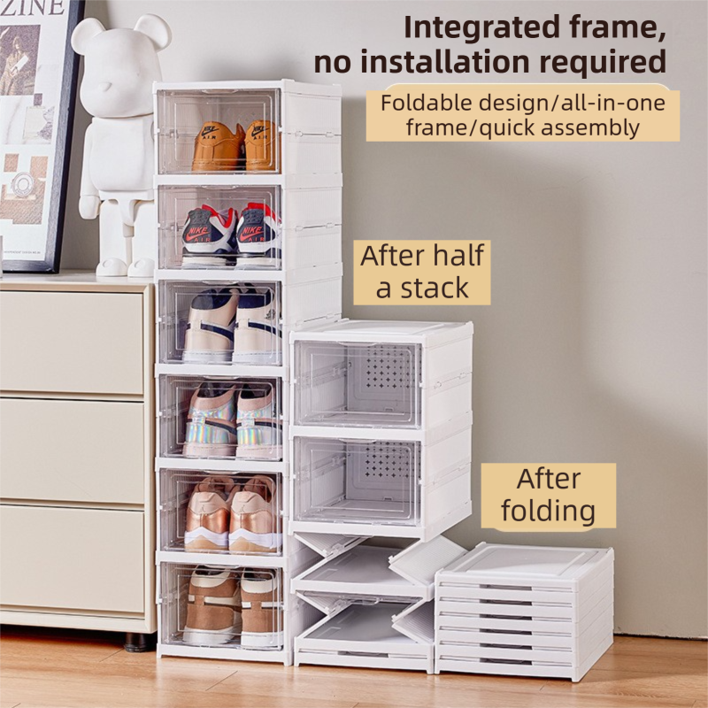 White 6-Layer Foldable Shoe Storage Tower with Transparent Display Panel & Back Ventilation - One-Pull Instant Setup Stackable Box (25.5x34.5x105CM)