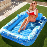 180x118CM Blue Deluxe Inflatable Suntan Tub & Floating Pool Lounger with Dual Integrated Cup Holders and Pillow - Portable Sunbathing Pool for Lawn & Water