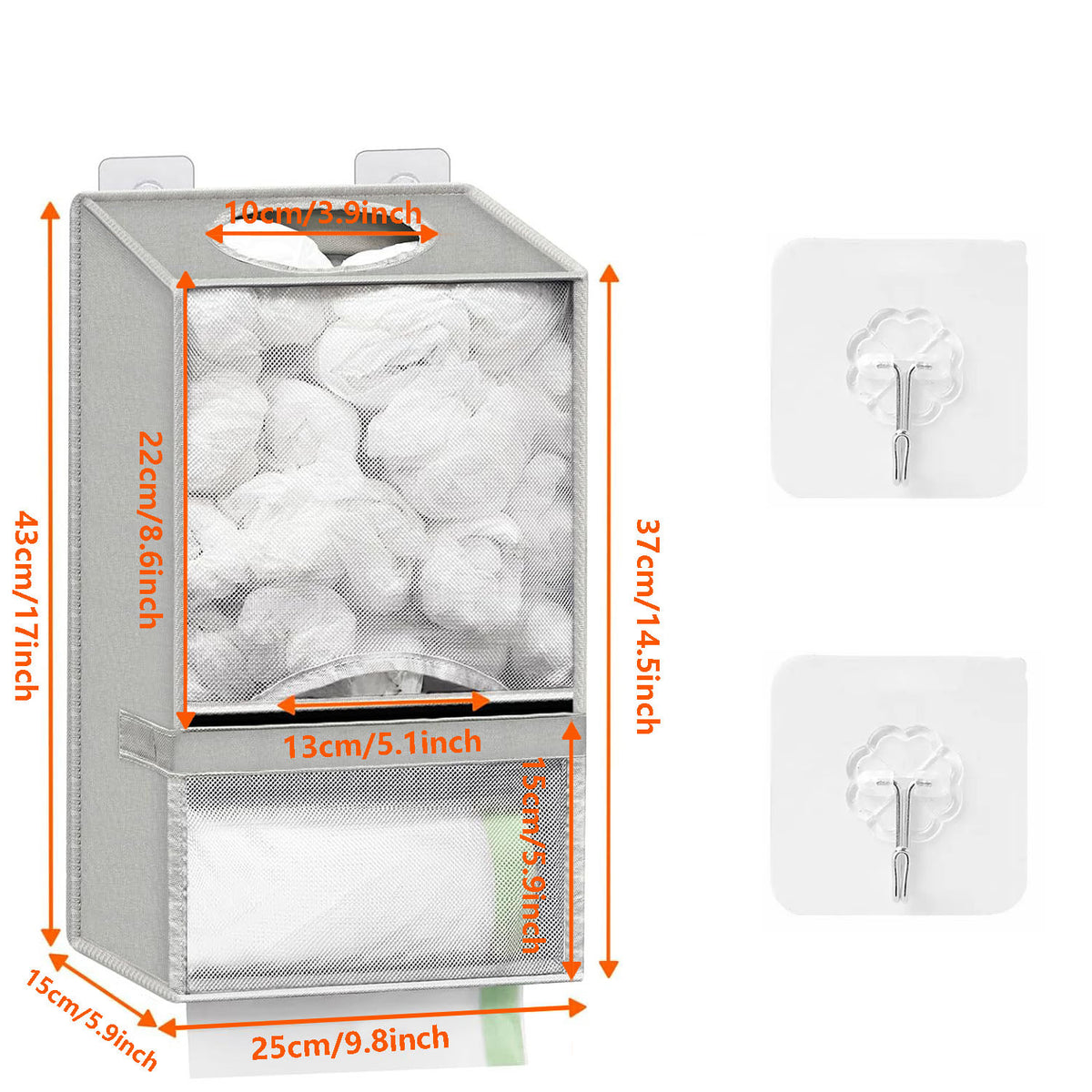 2-in-1 Grey Kitchen Plastic Bag & Trash Bag Roll Dispenser - Hanging Grocery & Produce Bag Organizer (17.5x9.9x5.8 inch)