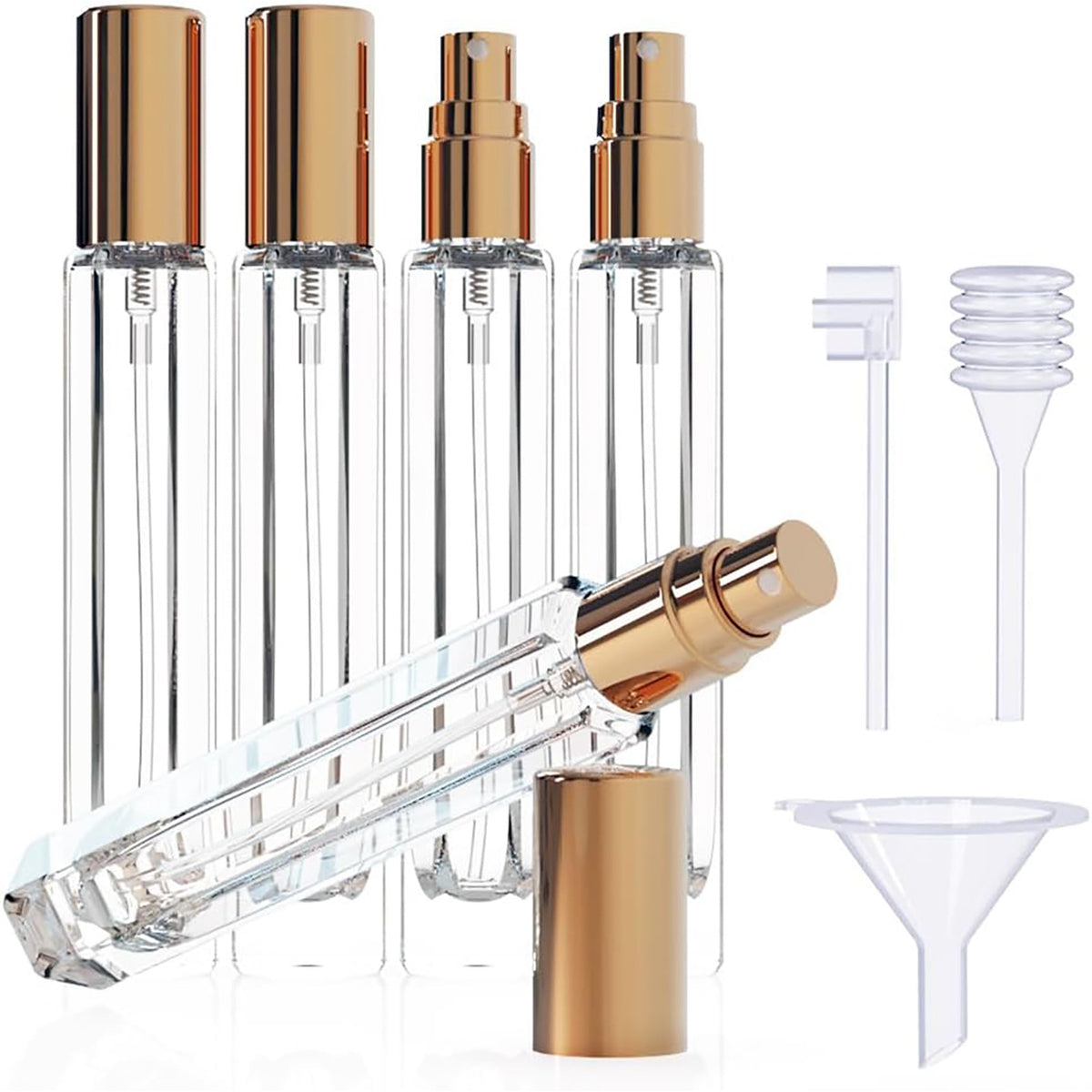 5-Piece Gold Premium Glass Travel Perfume Atomizer Set - 10ml Portable Refillable Sprayers with Transfer Tools