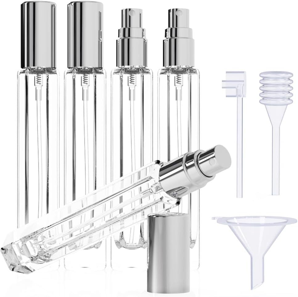 5-Piece Sliver Premium Glass Travel Perfume Atomizer Set - 10ml Portable Refillable Sprayers with Transfer Tools