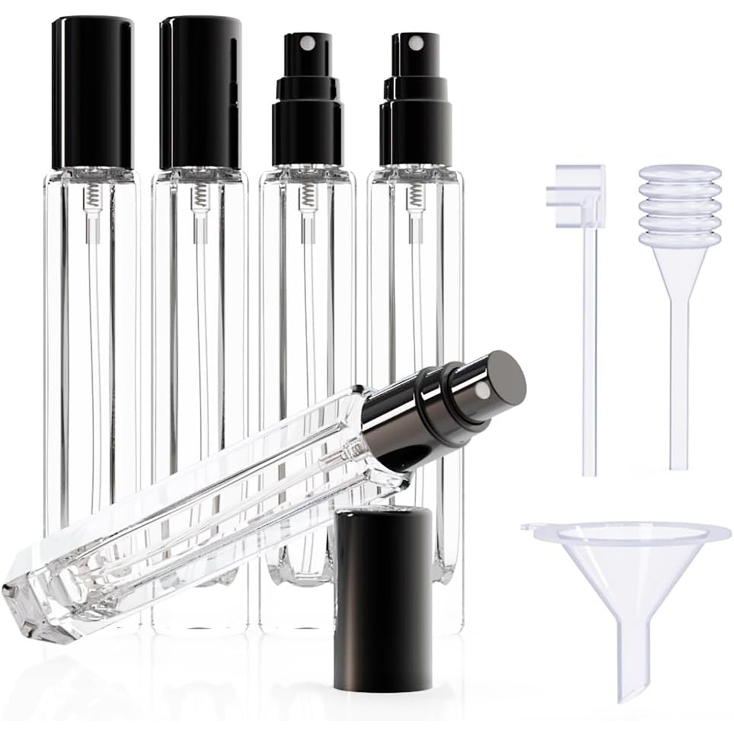 5-Piece Black Premium Glass Travel Perfume Atomizer Set - 10ml Portable Refillable Sprayers with Transfer Tools