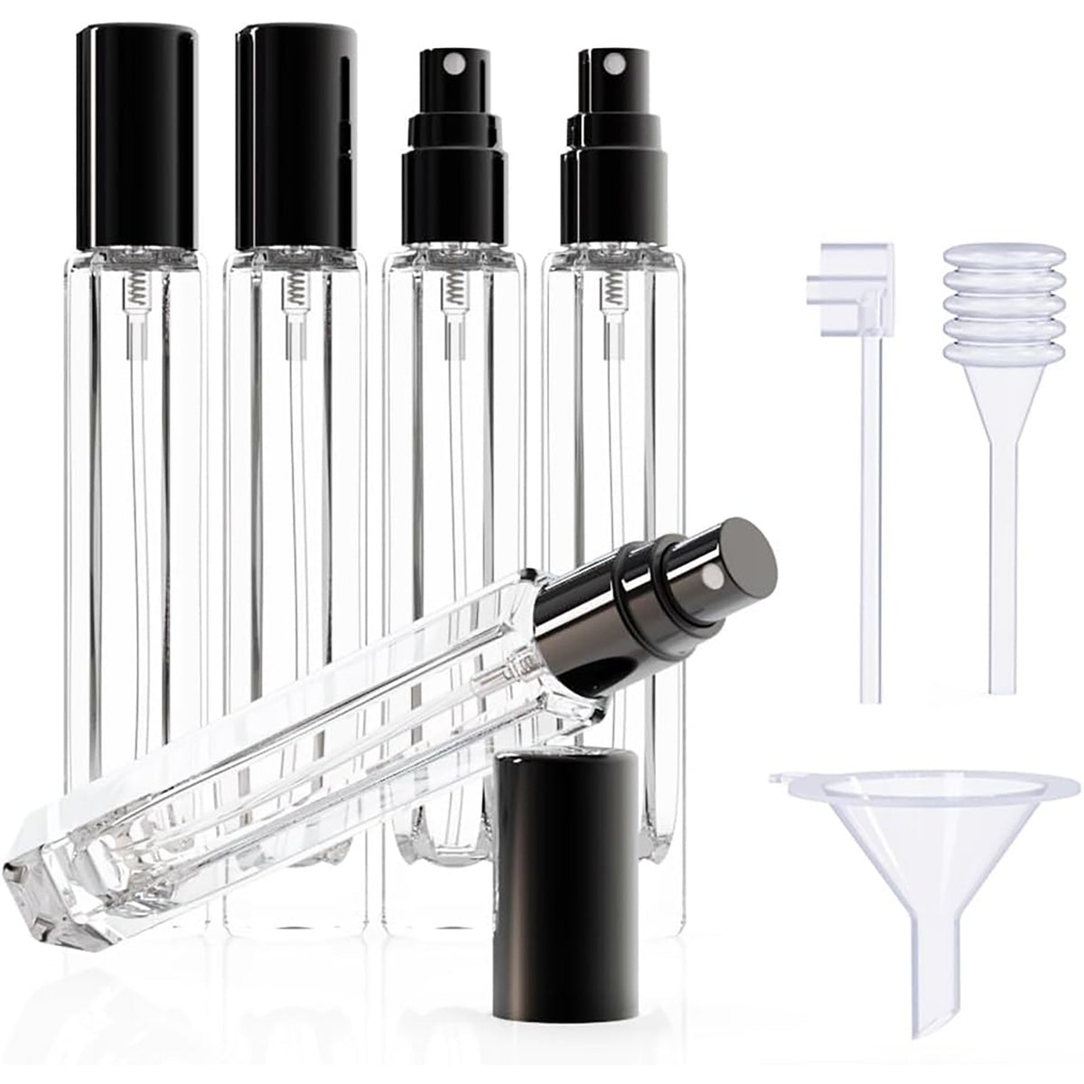 5-Piece Black Premium Glass Travel Perfume Atomizer Set - 10ml Portable Refillable Sprayers with Transfer Tools