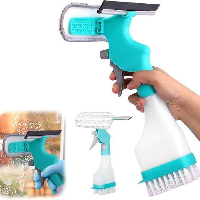 4-in-1 Versatile Window Cleaning Kit (2 Pack) - All-in-One Spray, Squeegee, Brush, and Plush Scrubber