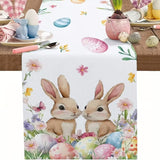 33 x 183 CM Festive Easter Linen Table Runner - Cartoon Bunny Table Runner & Stain-Resistant Primitive Home Decor (Style-4)