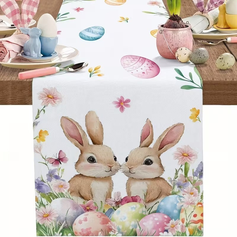 33 x 183 CM Festive Easter Linen Table Runner - Cartoon Bunny Table Runner & Stain-Resistant Primitive Home Decor (Style-4)
