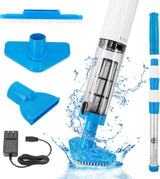 Blue and White Cordless Underwater Pool Vacuum with 3 Cleaning Heads & 164cm Extended Reach - Rechargeable Handheld Spa & Pond Cleaner 