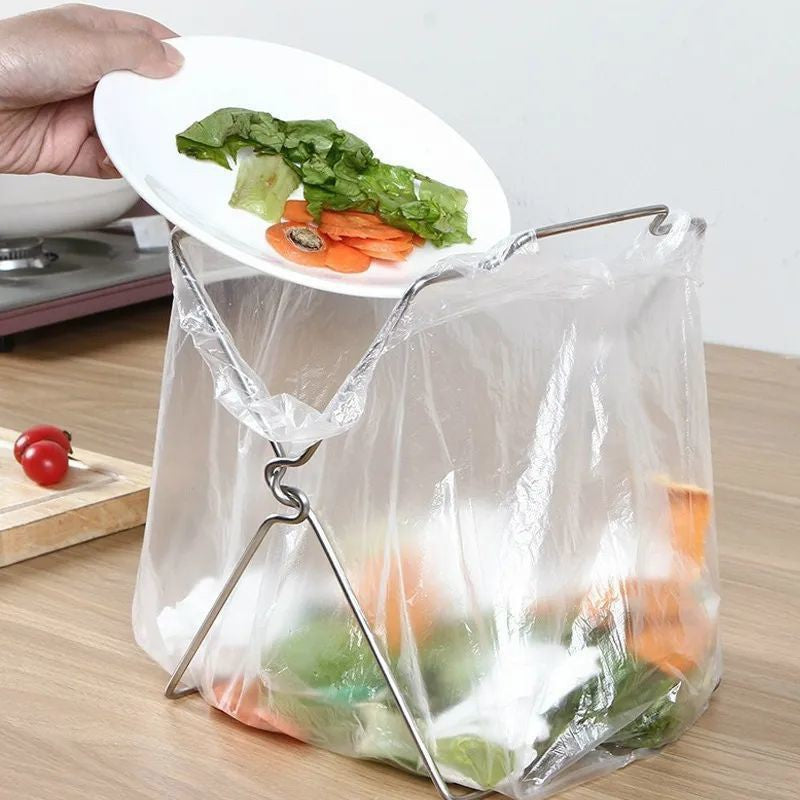 2-Pack Foldable Stainless Steel Trash Bag Holder (21 x 26 CM) - Multi-Functional Kitchen Countertop Organizer for Plastic Bag & Dishcloth