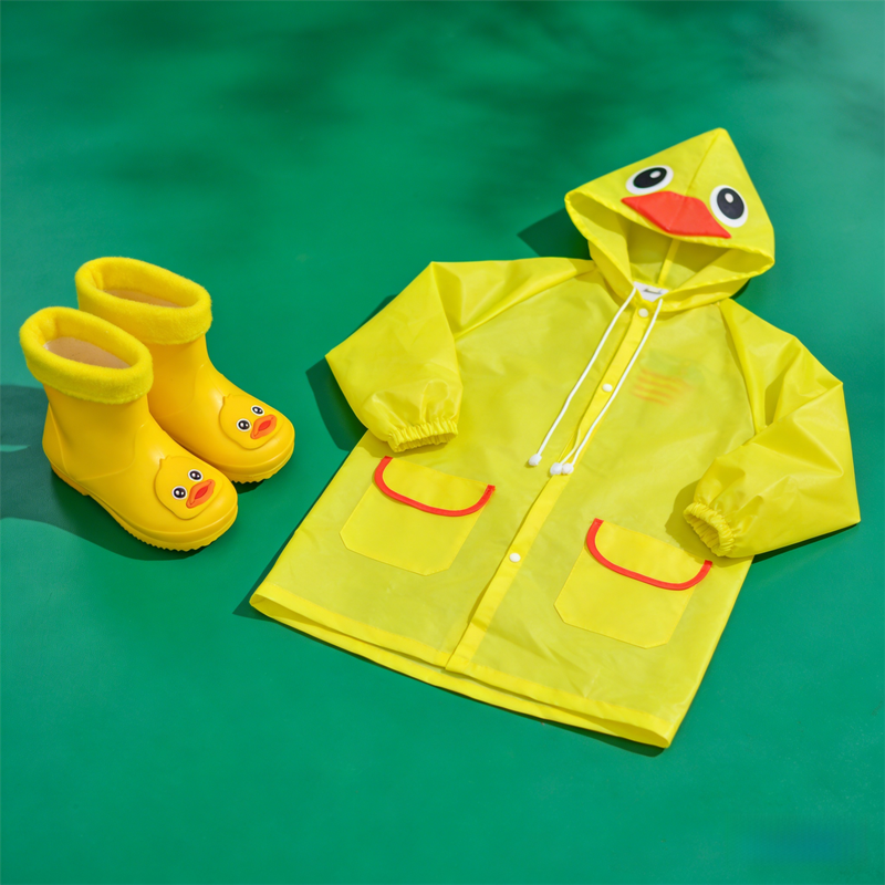 Kids Cartoon Rain Gear Set - Eco-Friendly Odorless Yellow Duck Raincoat & Matching 15cm Duck Rain Boots with Detachable Warm Cotton Liner
