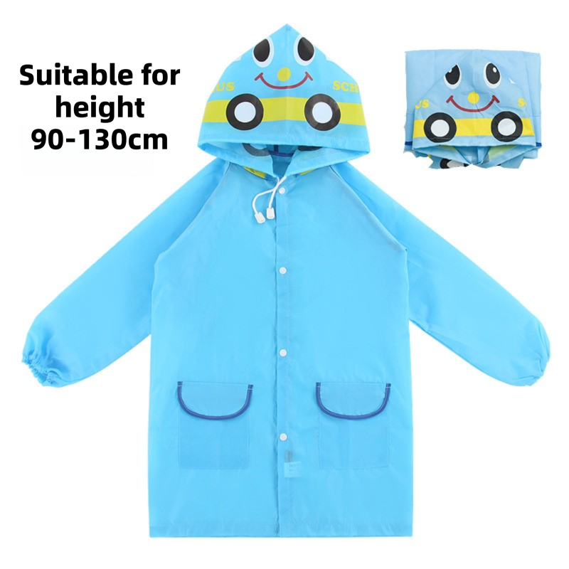 Blue Car Kids Cartoon Animal Raincoat - Waterproof Hooded Rain Poncho for Toddlers & Students (90-130CM Height)