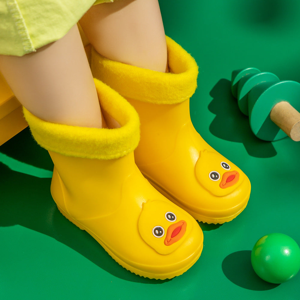 Cute Yellow Duck Kids Rain Boots with Removable Warm Cotton Liner - Waterproof Anti-Slip Toddler Wellies for Foot Length 18CM