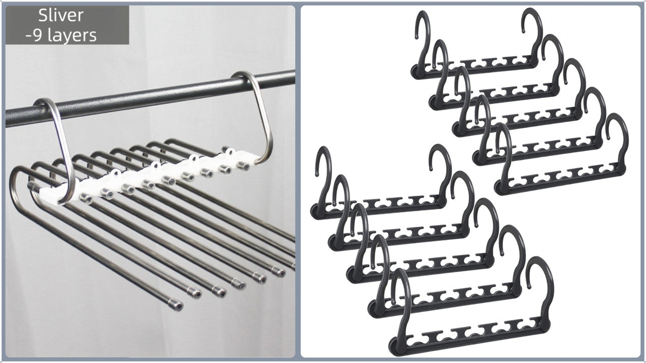 Ultimate Closet Space-Saver Set: 9-Tier Sliver Stainless Steel Retractable Pants Rack & 10-Pack Multi-Port Magic Hangers