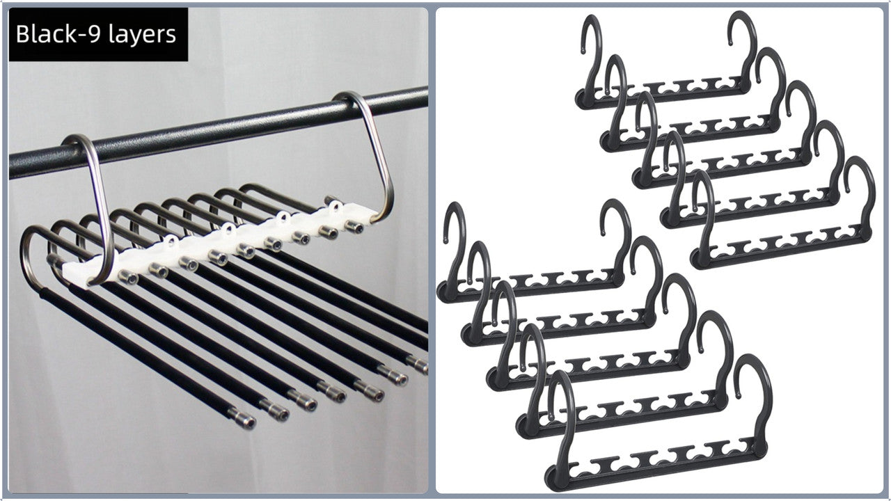 Ultimate Closet Space-Saver Set: 9-Tier Black Stainless Steel Retractable Pants Rack & 10-Pack Multi-Port Magic Hangers