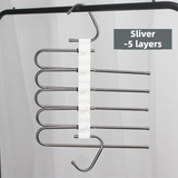5-Layers Sliver Stainless Steel Pants Rack with Horizontal / Vertical Modes and Expandable Pull-Out Rods - High-Load Folding Magic Hanger