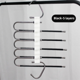 5-Layers Black Stainless Steel Pants Rack with Horizontal / Vertical Modes and Expandable Pull-Out Rods - High-Load Folding Magic Hanger