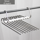 9-Layers Sliver Stainless Steel Pants Rack with Horizontal / Vertical Modes and Expandable Pull-Out Rods - High-Load Folding Magic Hanger