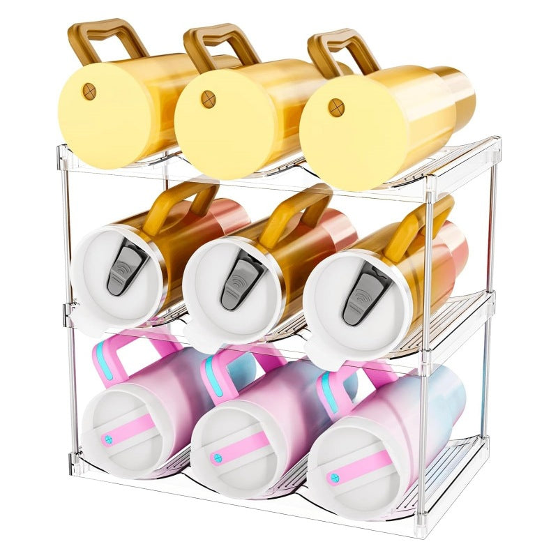 3-Tier Stackable Transparent Cup & Wine Organizer - Detachable Tumbler & Bottle Desktop Rack