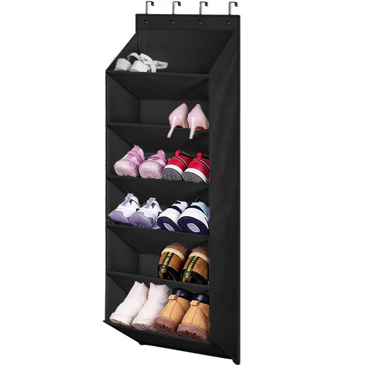 6-Tier Black Collapsible Over-the-Door Hanging Storage Bag - Space-Saving Shoes & Sundries Wall Holder with Hooks