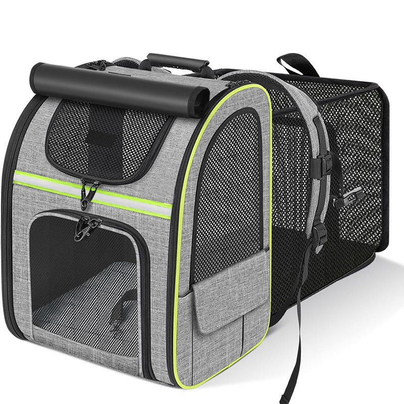 Grey and Green Large Expandable Cat Travel Backpack - Breathable & Collapsible Pet Carrier 62x34x43CM