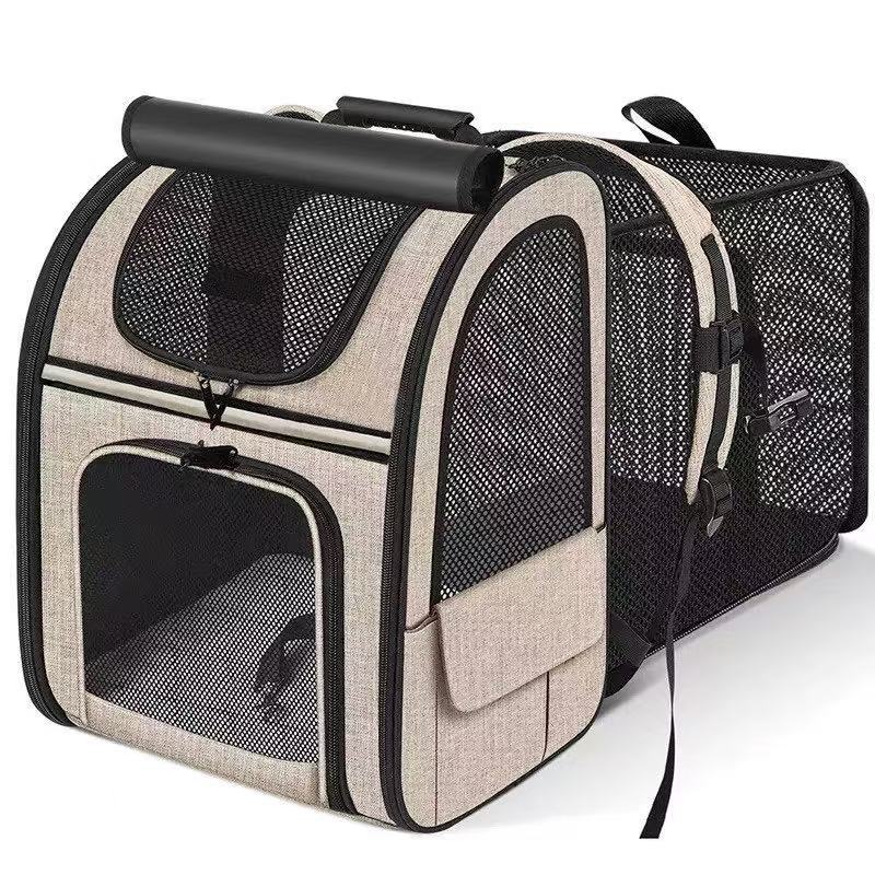 Khaki Large Expandable Cat Travel Backpack - Breathable & Collapsible Pet Carrier 62x34x43CM