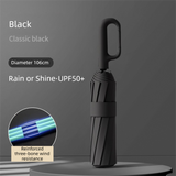 Black Heavy Duty Fully Automatic Carabiner Umbrella with Integrated Hook Handle (Diameter 106CM) - Ultra Windproof and UV Protective Sun & Rain Umbrella