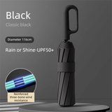 Black Heavy Duty Fully Automatic Carabiner Umbrella with Integrated Hook Handle (Diameter 116CM) - Ultra Windproof and UV Protective Sun & Rain Umbrella
