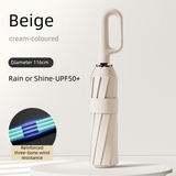 Beige Heavy Duty Fully Automatic Carabiner Umbrella with Integrated Hook Handle (Diameter 116CM) - Ultra Windproof and UV Protective Sun & Rain Umbrella