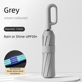 Grey Heavy Duty Fully Automatic Carabiner Umbrella with Integrated Hook Handle (Diameter 116CM) - Ultra Windproof and UV Protective Sun & Rain Umbrella