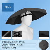 Black Foldable Sun & Rain Umbrella Hat (Diameter 69CM) - 99% UV Potective and Wind/Rainproof Fishing Umbrella with Elastic Headband