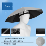 Grey Foldable Sun & Rain Umbrella Hat (Diameter 69CM) - 99% UV Potective and Wind/Rainproof Fishing Umbrella with Elastic Headband