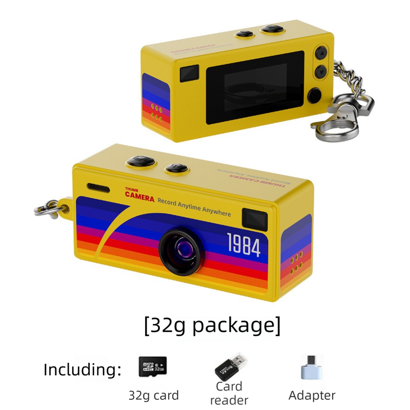 G6 Yellow Ultra-Mini Thumb Camera with 32GB Card, Card Reader & Adapter - HD Instant Pocket-Sized Action Cam for Students & Kids
