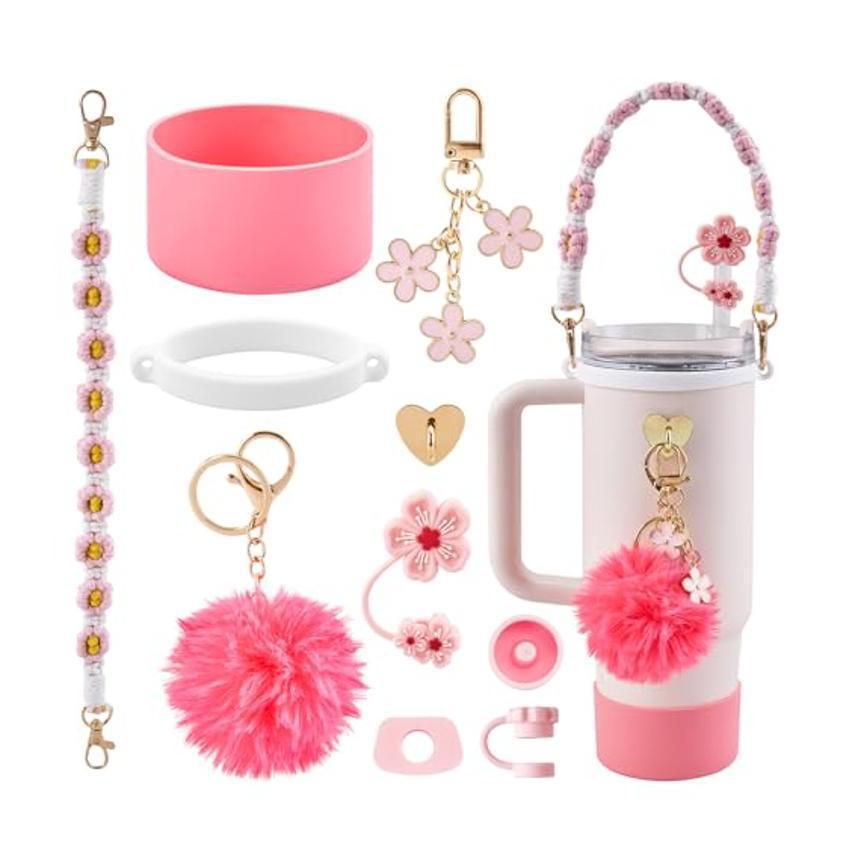 10-Piece Rose-Red Accessory Bundle for Stanley Quencher 30/40oz - Includs Premium Silicone Straw Covers, Protective Boot & Charms Set